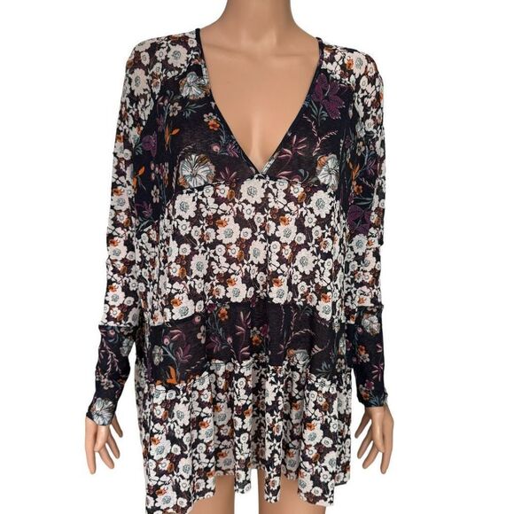 Free People Isabelle Swing Tunic Top Babydoll S Floral Mesh V-neck oversized - Picture 1 of 7